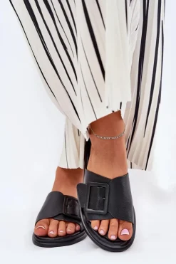 Damskie Damskie buty S.Barski Skórzane Klapki Damskie Z Klamrą D&A SJ2302-01 Czarne