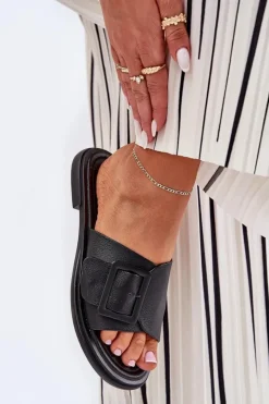 Damskie Damskie buty S.Barski Skórzane Klapki Damskie Z Klamrą D&A SJ2302-01 Czarne