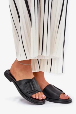 Damskie Damskie buty S.Barski Skórzane Klapki Damskie Z Klamrą D&A SJ2302-01 Czarne