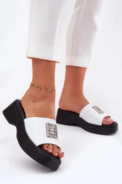 Sale Buty damskie Vinceza Skórzane Klapki Damskie Z Ozdobą Vinceza 79526 Białe