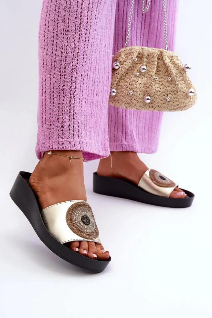 Damskie Damskie buty S.Barski Skórzane Klapki Damskie Z Ozdobą S.Barski KV27-019 Złote