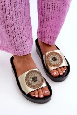 Damskie Damskie buty S.Barski Skórzane Klapki Damskie Z Ozdobą S.Barski KV27-019 Złote