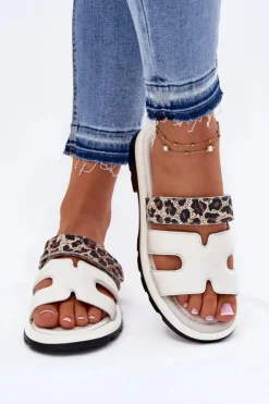 Damskie Buty damskie Vinceza Skórzane Klapki Damskie Z Rzepem Panterka Vinceza 66769 Jasnobeżowe