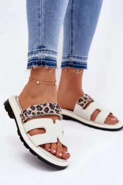 Damskie Buty damskie Vinceza Skórzane Klapki Damskie Z Rzepem Panterka Vinceza 66769 Jasnobeżowe