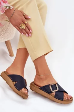 Damskie INBLU Skórzane Klapki Damskie Z Klamrą ED0003IU Granatowe