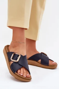 Damskie INBLU Skórzane Klapki Damskie Z Klamrą ED0003IU Granatowe