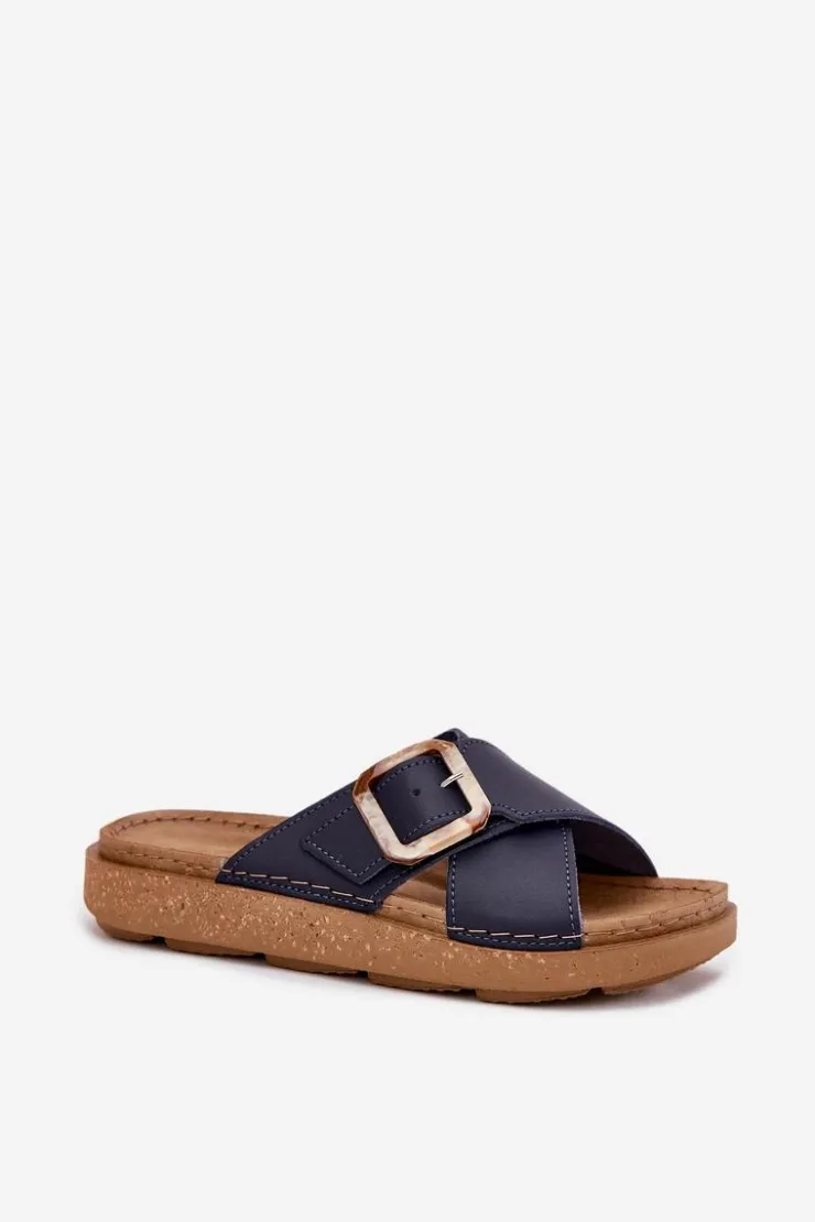 Damskie INBLU Skórzane Klapki Damskie Z Klamrą ED0003IU Granatowe