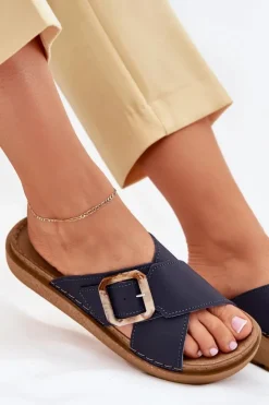 Damskie INBLU Skórzane Klapki Damskie Z Klamrą ED0003IU Granatowe