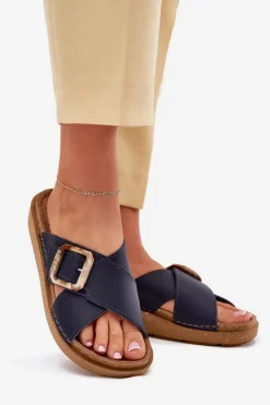 Damskie INBLU Skórzane Klapki Damskie Z Klamrą ED0003IU Granatowe