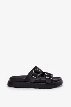 Hot Big Star Shoes Skórzane Klapki Damskie Z Ozdobnymi Klamrami Big Star RR274658 Czarne Czarny