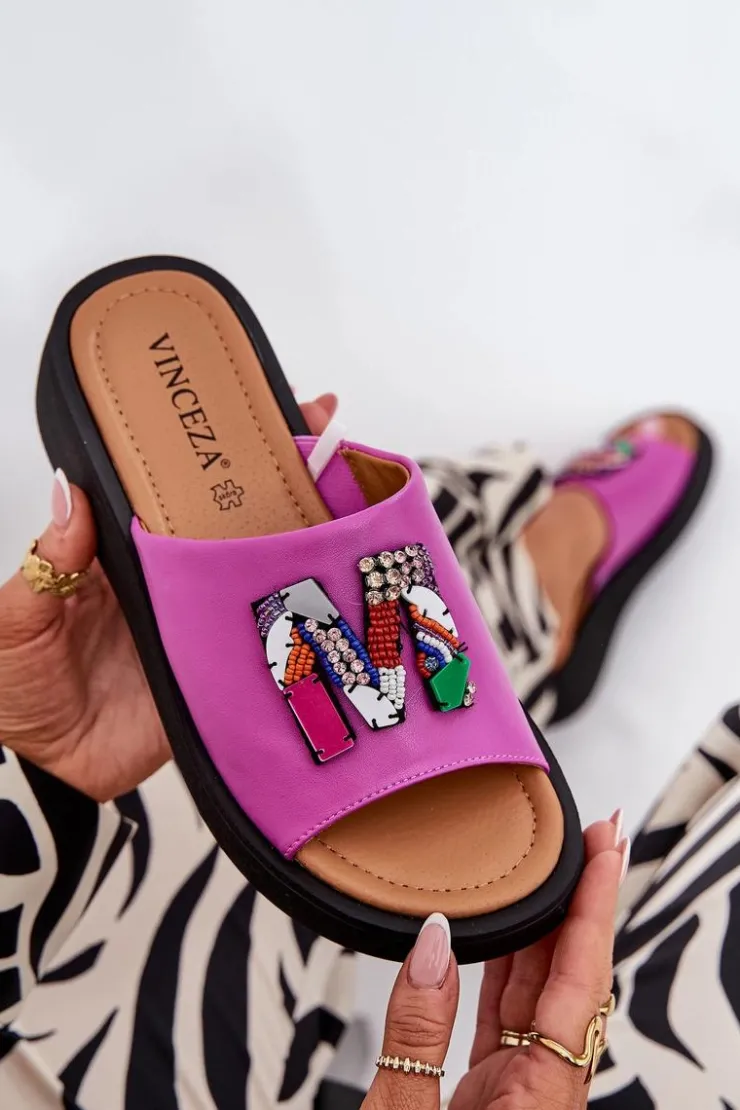 Damskie Buty damskie Vinceza Skórzane Klapki Damskie Z Ozdobą Fuksja Asames