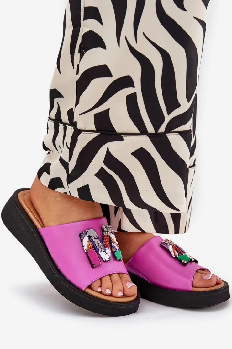 Damskie Buty damskie Vinceza Skórzane Klapki Damskie Z Ozdobą Fuksja Asames