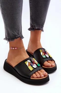 Damskie Buty damskie Vinceza Skórzane Klapki Damskie Z Ozdobą Czarne Asames