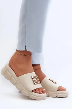 Damskie Buty damskie Vinceza Skórzane Klapki Damskie Ze Złotą Ozdobą Na Koturnie Vinceza 41444 Beżowe