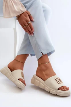 Damskie Buty damskie Vinceza Skórzane Klapki Damskie Ze Złotą Ozdobą Na Koturnie Vinceza 41444 Beżowe