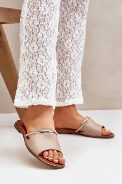 Boto Klapki Damskie Klasyczne*Skórzane Klapki Lewski Shoes 3047 Ciemnobeżowe Beżowy