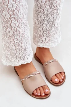 Boto Klapki Damskie Klasyczne*Skórzane Klapki Lewski Shoes 3047 Ciemnobeżowe Beżowy