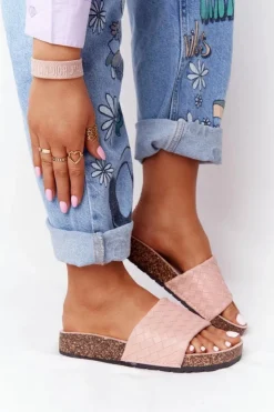 Boto Skórzane Klapki Na Korkowej Podeszwie Jasnoróżowe Catalina