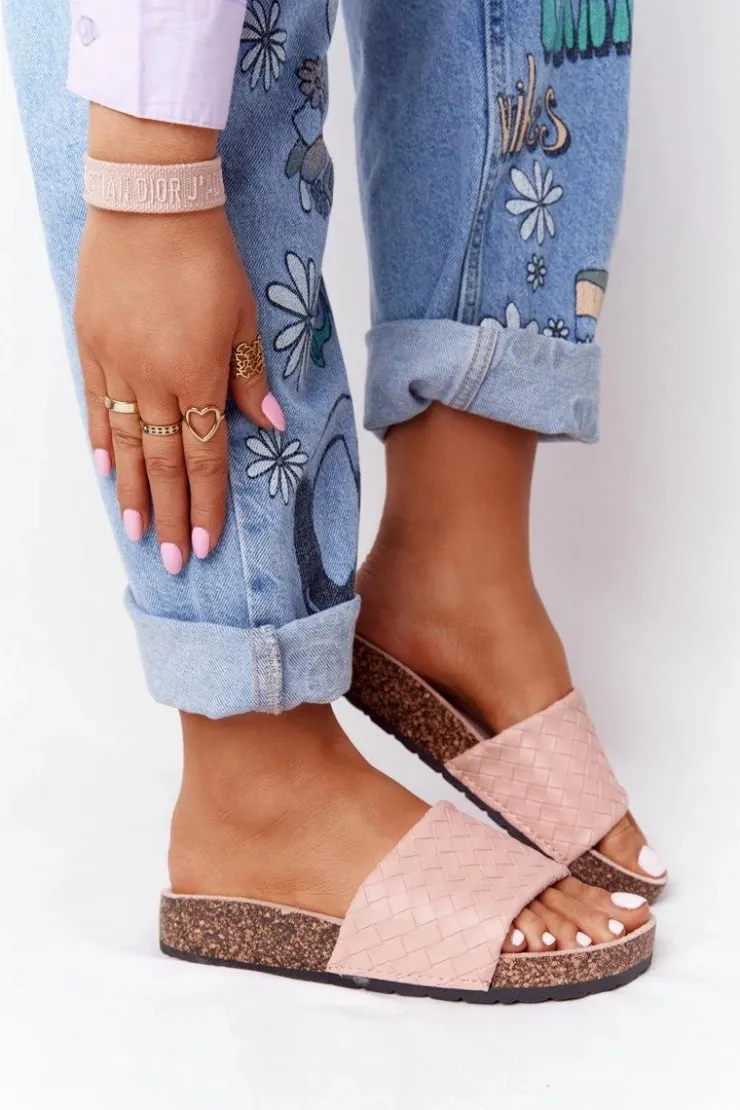 Boto Skórzane Klapki Na Korkowej Podeszwie Jasnoróżowe Catalina