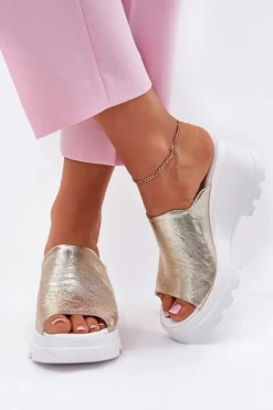 Damskie Boto Skórzane Klapki Na Koturnie Artiker 56C0435 Złote