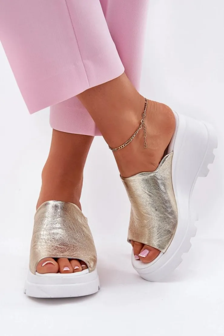 Damskie Boto Skórzane Klapki Na Koturnie Artiker 56C0435 Złote