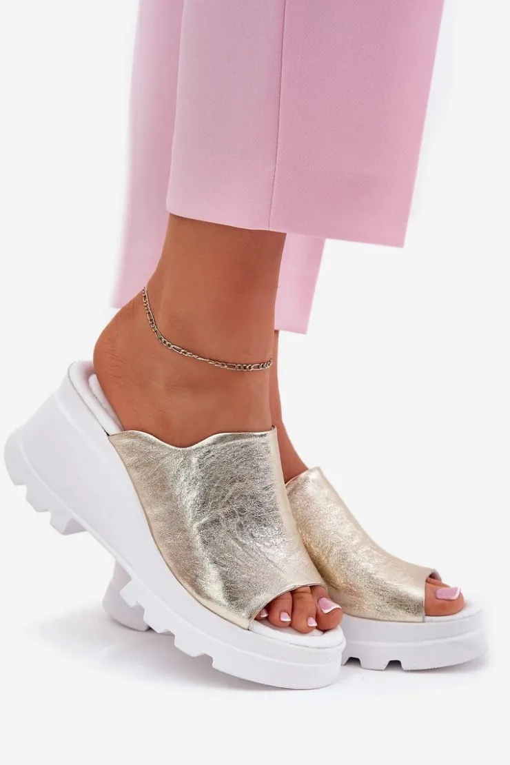 Damskie Boto Skórzane Klapki Na Koturnie Artiker 56C0435 Złote