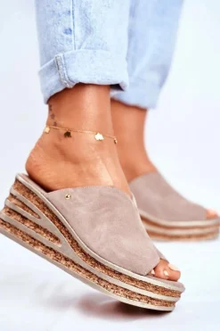 Online Boto Skórzane Klapki Na Koturnie Cappuccino Nicole 2559