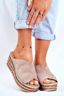 Online Boto Skórzane Klapki Na Koturnie Cappuccino Nicole 2559