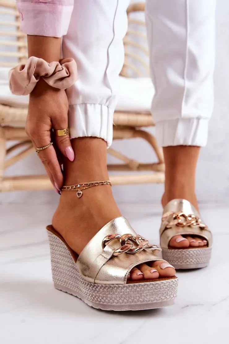 Outlet Boto Skórzane Klapki Na Koturnie Lewski 3062 Złote