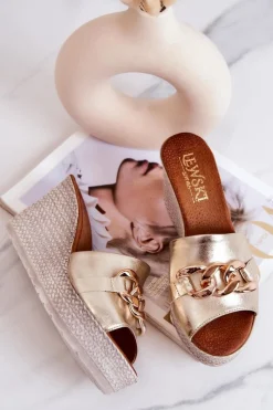 Outlet Boto Skórzane Klapki Na Koturnie Lewski 3062 Złote