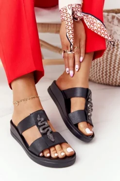 Hot Laura Messi Skórzane Klapki Na Koturnie 2272 Czarne