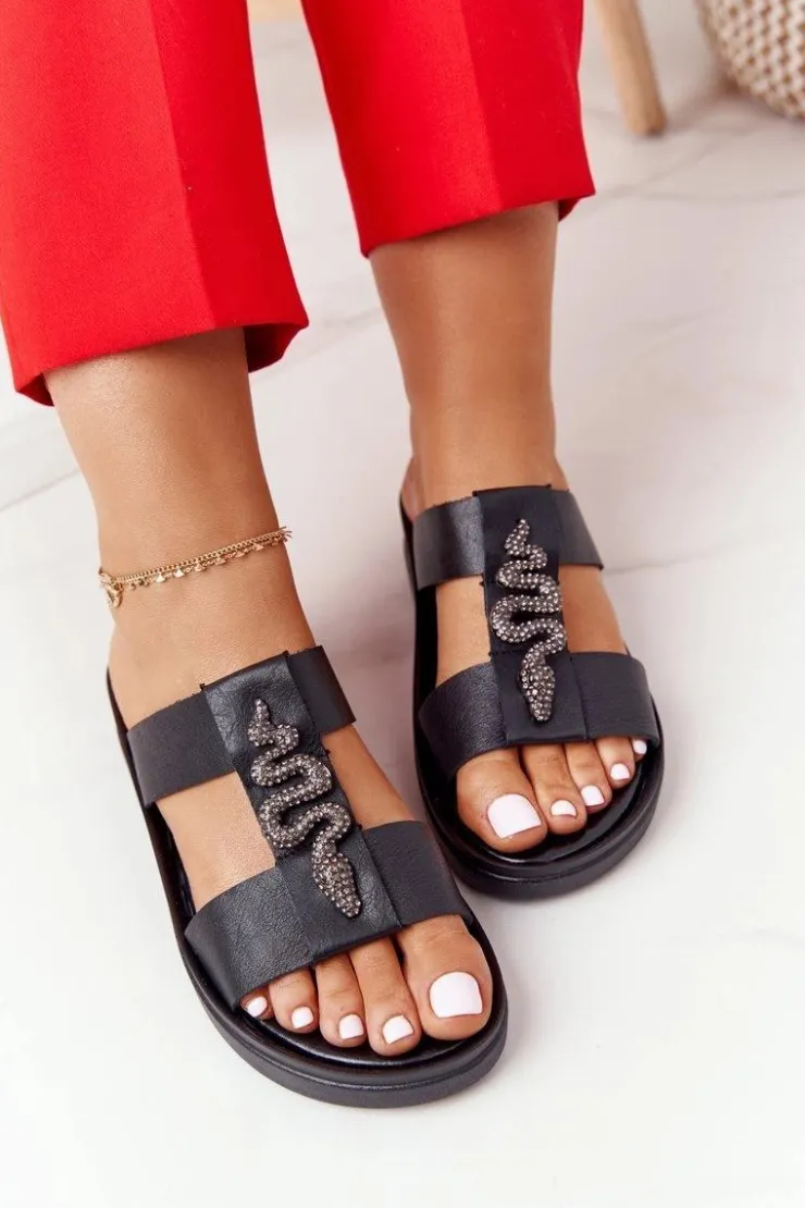 Hot Laura Messi Skórzane Klapki Na Koturnie 2272 Czarne