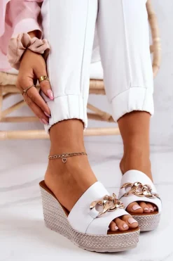 Damskie Boto Skórzane Klapki Na Koturnie Lewski 3062 Białe