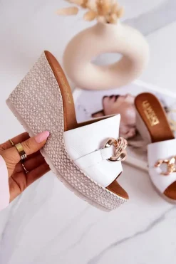 Damskie Boto Skórzane Klapki Na Koturnie Lewski 3062 Białe