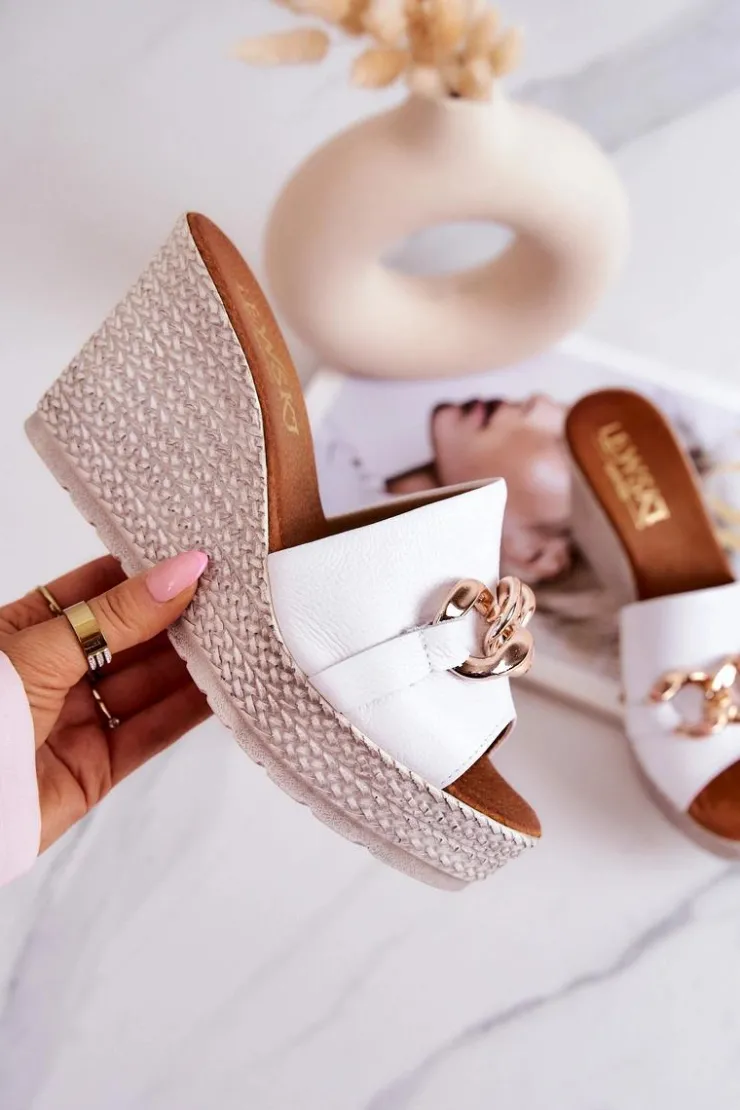 Damskie Boto Skórzane Klapki Na Koturnie Lewski 3062 Białe