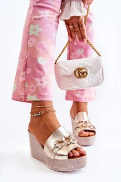 Damskie Boto Skórzane Klapki Na Koturnie Lewski 3062 Złoto-Szare