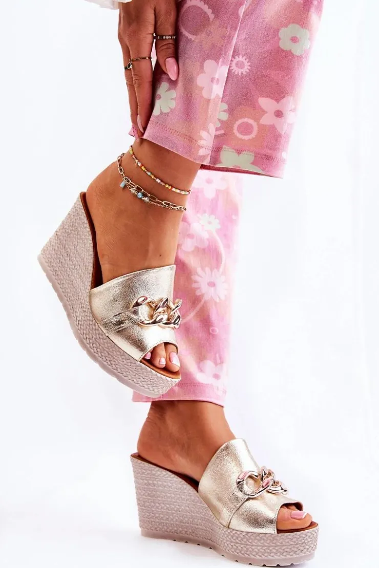 Damskie Boto Skórzane Klapki Na Koturnie Lewski 3062 Złoto-Szare