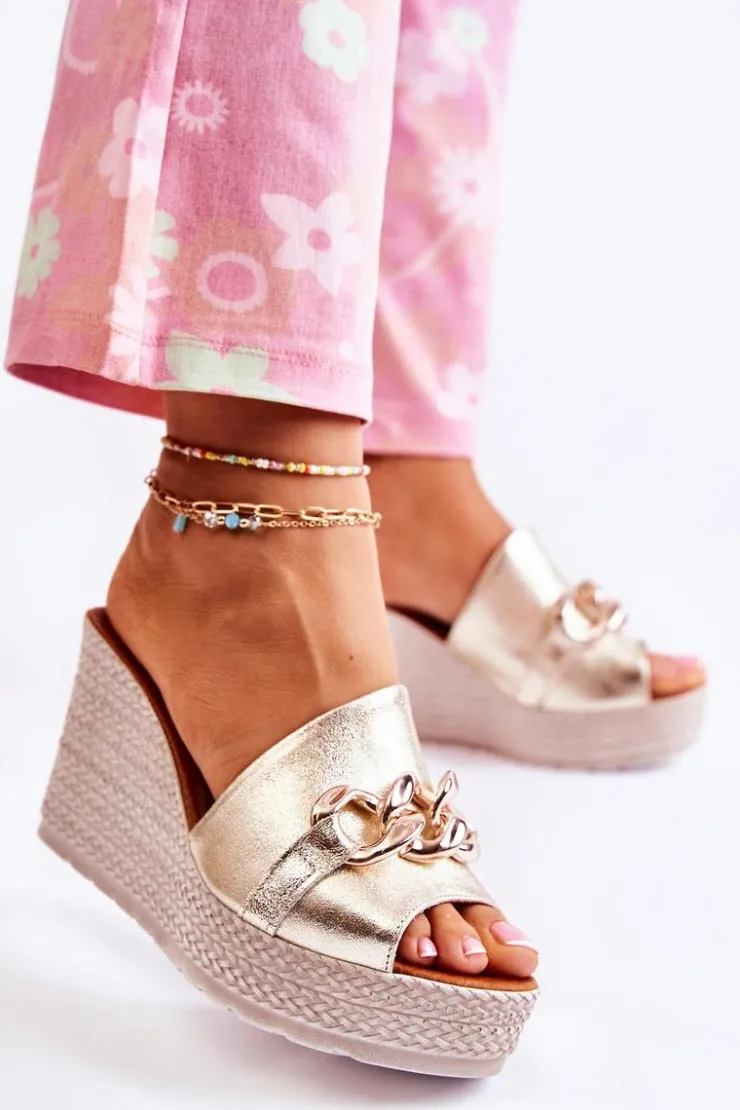 Damskie Boto Skórzane Klapki Na Koturnie Lewski 3062 Złoto-Szare