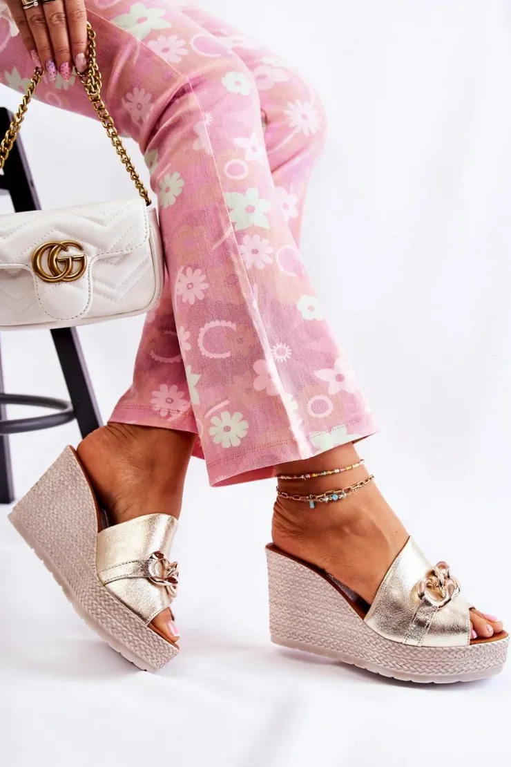 Damskie Boto Skórzane Klapki Na Koturnie Lewski 3062 Złoto-Szare