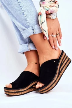 Damskie Boto Skórzane Klapki Na Koturnie Czarne Nicole 2559