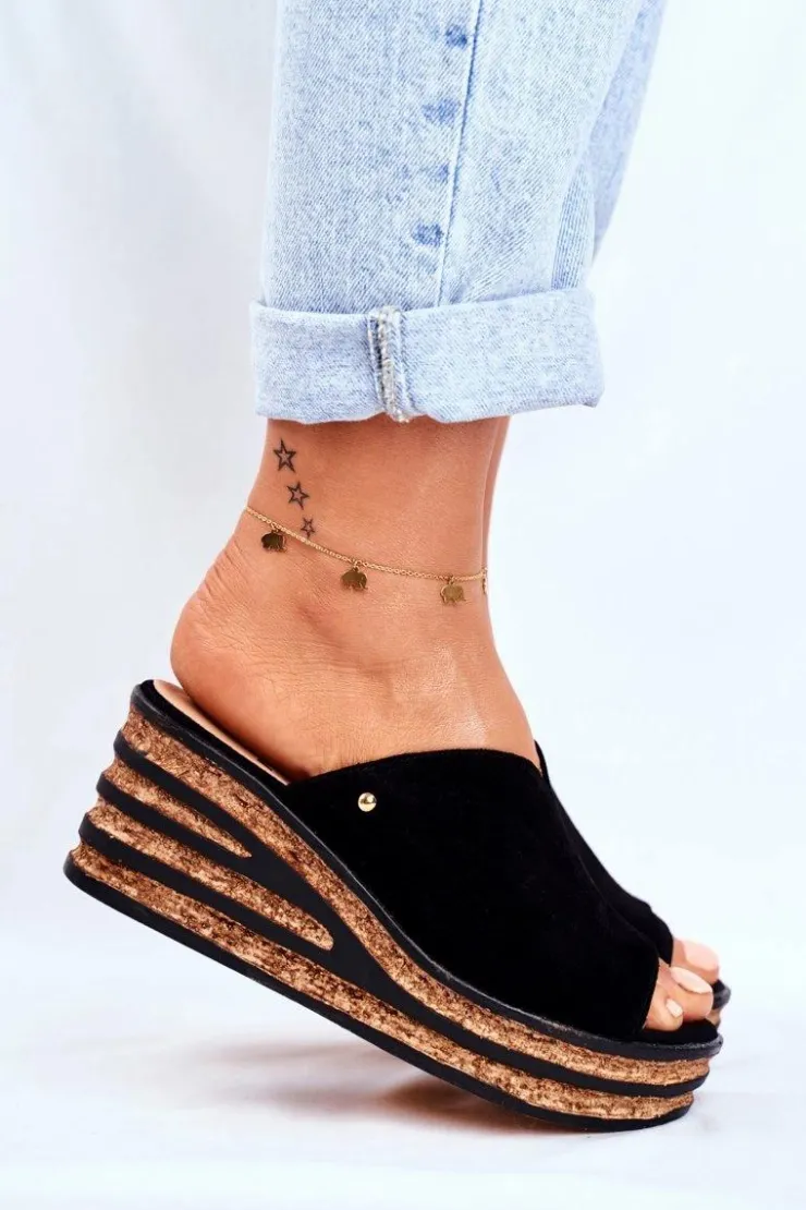 Damskie Boto Skórzane Klapki Na Koturnie Czarne Nicole 2559