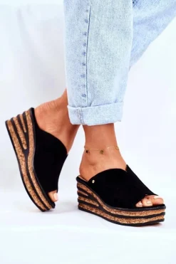 Damskie Boto Skórzane Klapki Na Koturnie Czarne Nicole 2559