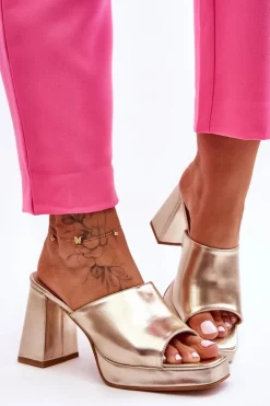 Damskie Boto Skórzane Klapki Na Obcasie Złote Livesa