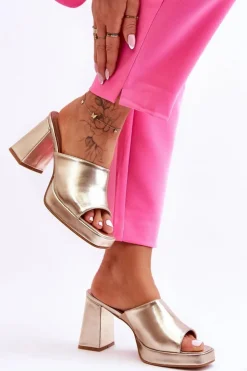 Damskie Boto Skórzane Klapki Na Obcasie Złote Livesa