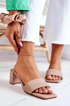 Boto Klapki Na Obcasie|Klapki Damskie Klasyczne*Skórzane Klapki Na Obcasie Beżowe Netty