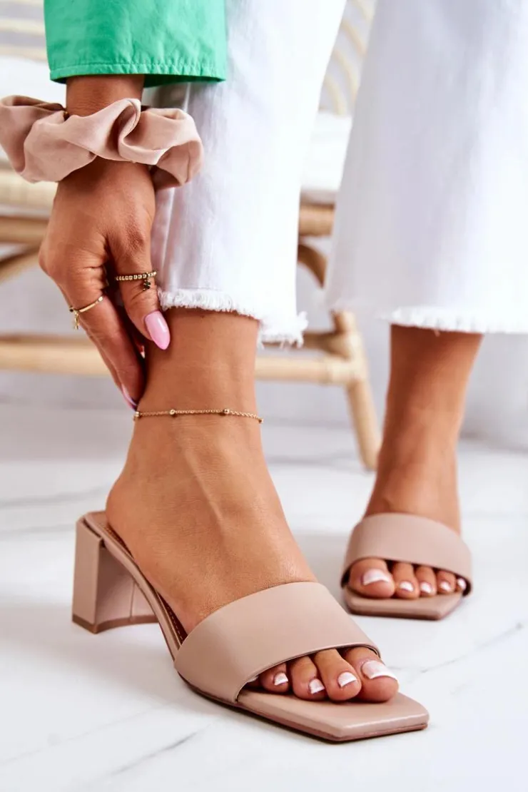 Boto Klapki Na Obcasie|Klapki Damskie Klasyczne*Skórzane Klapki Na Obcasie Beżowe Netty