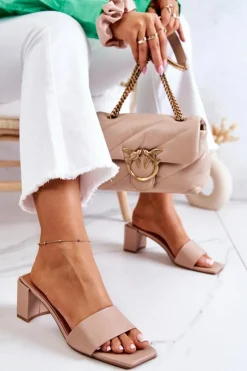 Boto Klapki Na Obcasie|Klapki Damskie Klasyczne*Skórzane Klapki Na Obcasie Beżowe Netty