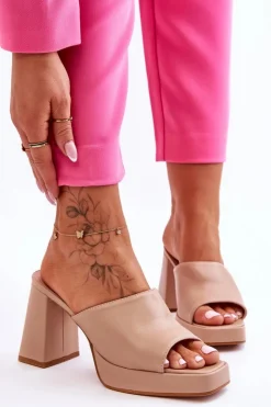 Boto Klapki Na Obcasie|Klapki Damskie Klasyczne*Skórzane Klapki Na Obcasie Beżowe Livesa Beżowy