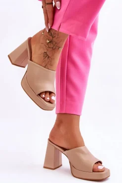 Boto Klapki Na Obcasie|Klapki Damskie Klasyczne*Skórzane Klapki Na Obcasie Beżowe Livesa Beżowy