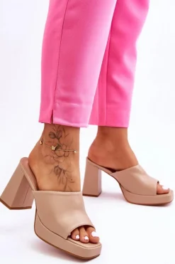 Boto Klapki Na Obcasie|Klapki Damskie Klasyczne*Skórzane Klapki Na Obcasie Beżowe Livesa Beżowy